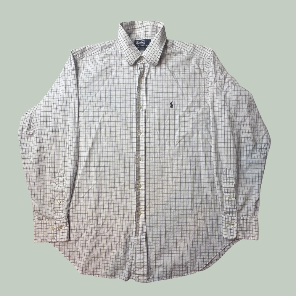 Polo Ralph Lauren Shirt Mens 16.5 Andrew White Blue Tattersall Check Button Down